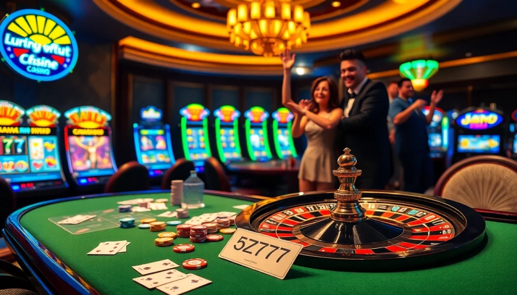 Experience thrilling casino action at 5Z777 with colorful tables and lively gamblers.