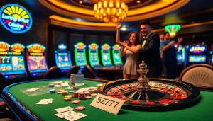 Experience thrilling casino action at 5Z777 with colorful tables and lively gamblers.