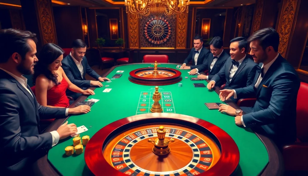 Players enjoying an exciting poker game at a lavish xx88 casino table with chips and cards.