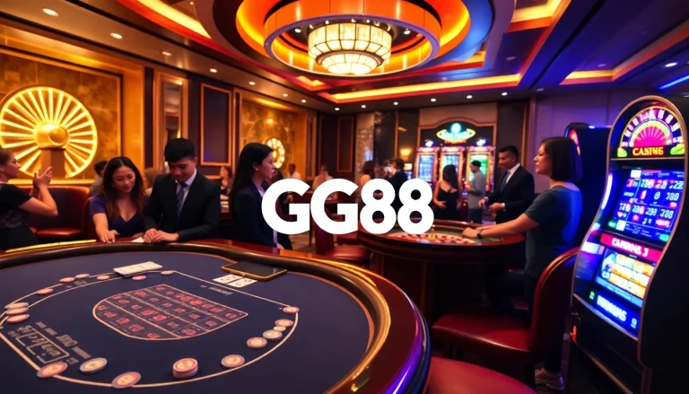 Exciting GG88 casino scene with players at blackjack and roulette tables.