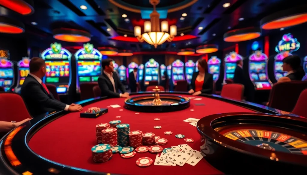 Players strategically engaging with the win55 blackjack table, surrounded by vibrant casino elements.