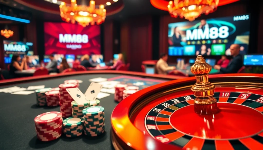 MM88 casino scene with colorful poker chips and a roulette wheel showcasing excitement.