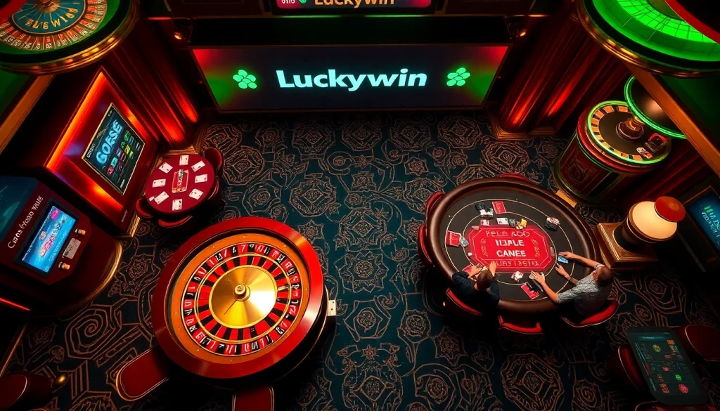Players enjoying the high-stakes atmosphere of Luckywin casino with roulette and poker games.