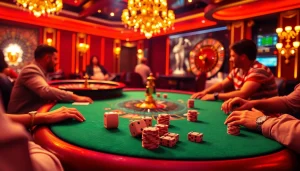 Hitclub players strategizing at a luxurious poker table in a vibrant casino.