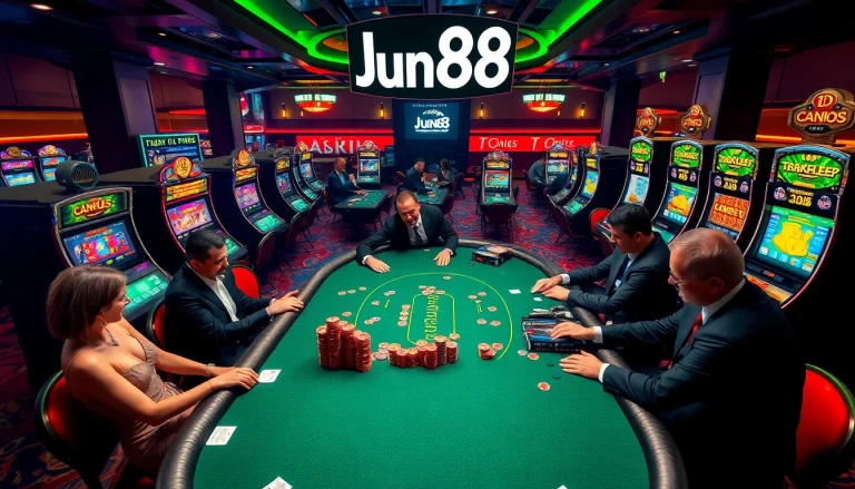 Experience the thrill of poker at Jun88's vibrant casino, with players and colorful chips in action.