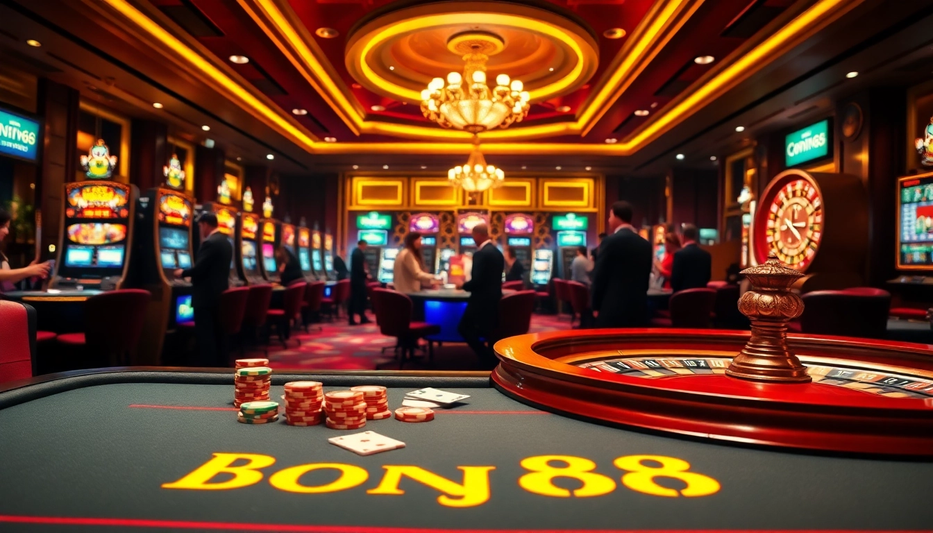 Players enjoy an exciting game at Bong88's high-stakes casino, featuring vibrant tables and neon lights.