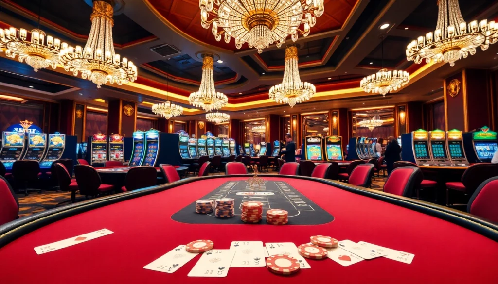 KJC casino scene showcasing an elegant poker table and roulette wheel with vibrant gambling elements.