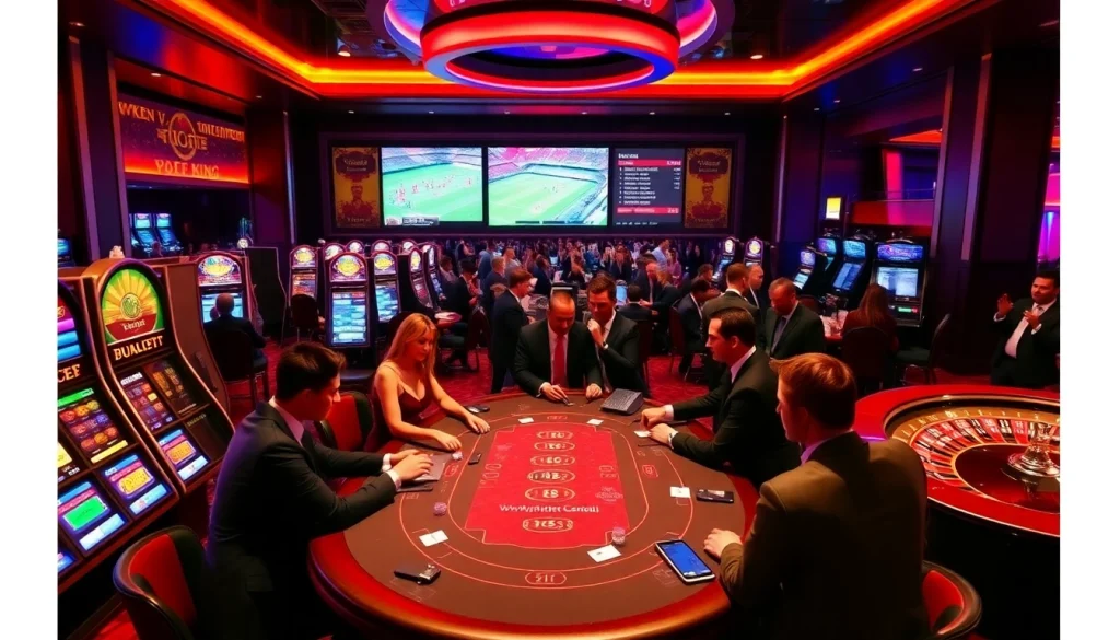 Experience thrilling แทงบอล betting at a luxurious casino, with high-stakes action at poker tables.