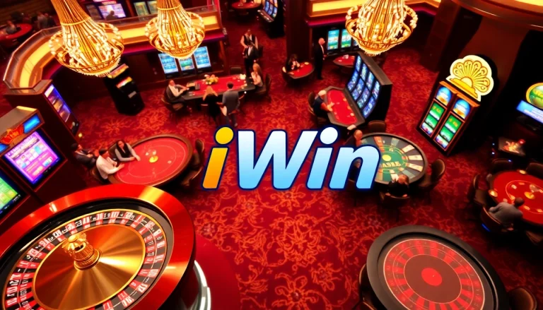 iWin players enjoying a high-stakes casino experience with poker, roulette, and slot machines.