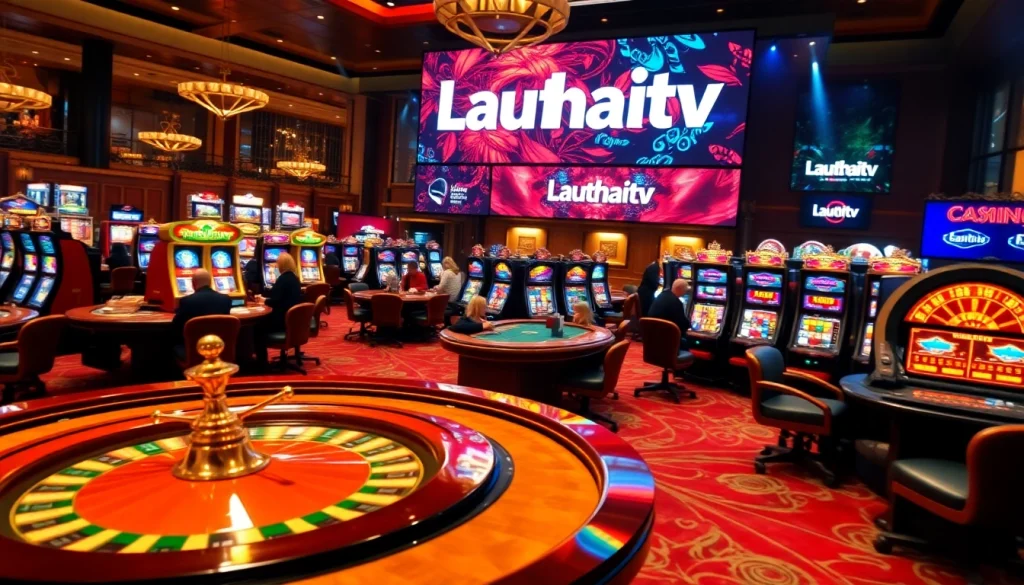 Lauthaitv showcases a lively casino with roulette wheel and poker tables for exciting gambling action.