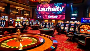 Lauthaitv showcases a lively casino with roulette wheel and poker tables for exciting gambling action.