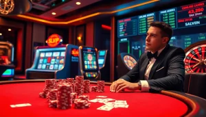 SLVIP players strategizing at a poker table with exciting casino visuals in the backdrop.