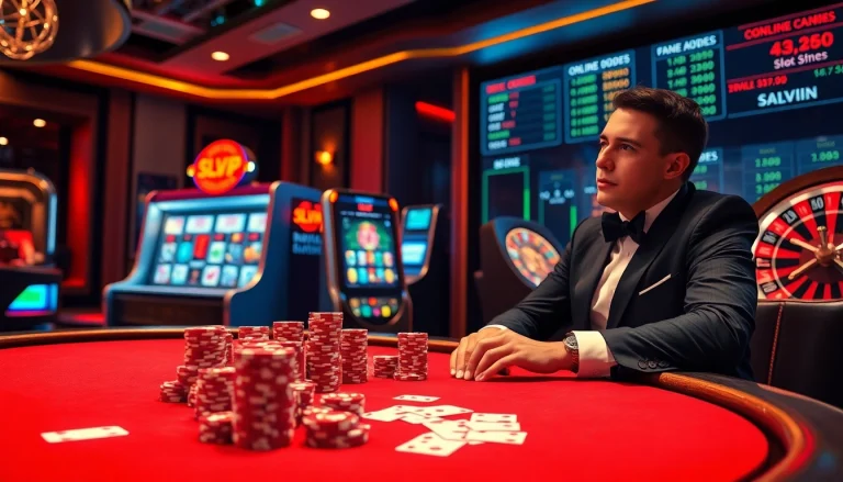 SLVIP players strategizing at a poker table with exciting casino visuals in the backdrop.