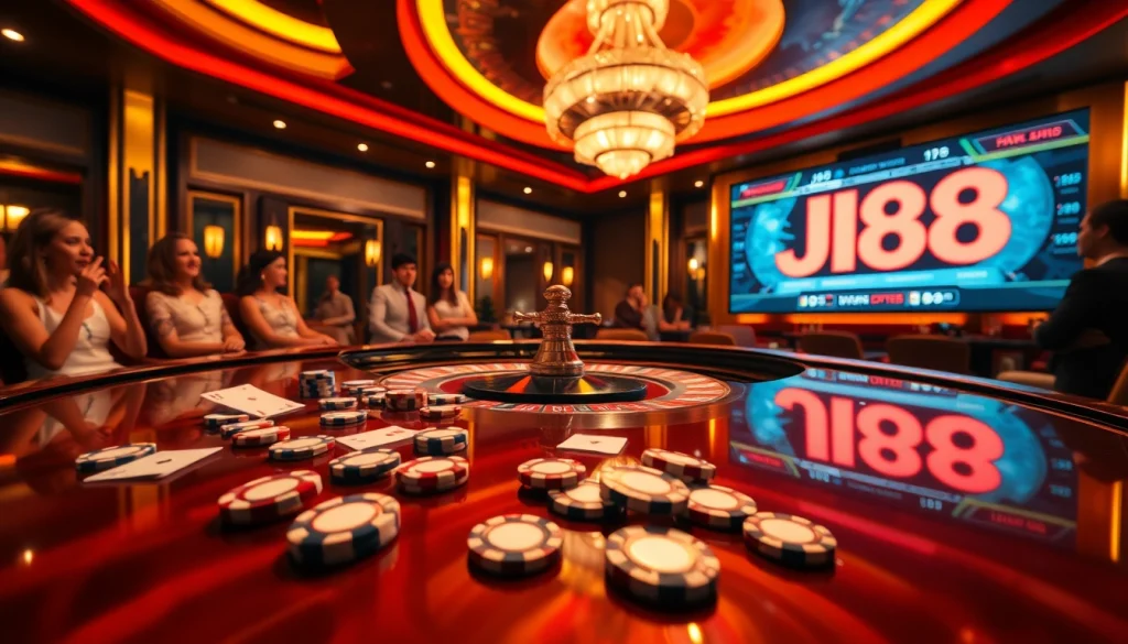 J88 players enjoying a thrilling roulette game amidst luxurious casino decor.