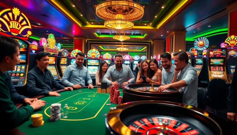 Experience the vibrant excitement of JILI gaming at a luxurious casino table with poker chips and slot machines.