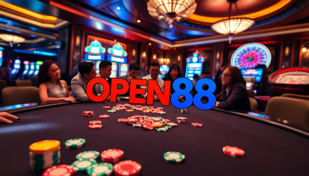 Engaging players around a poker table in a vibrant casino scene featuring OPEN88.