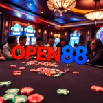 Engaging players around a poker table in a vibrant casino scene featuring OPEN88.