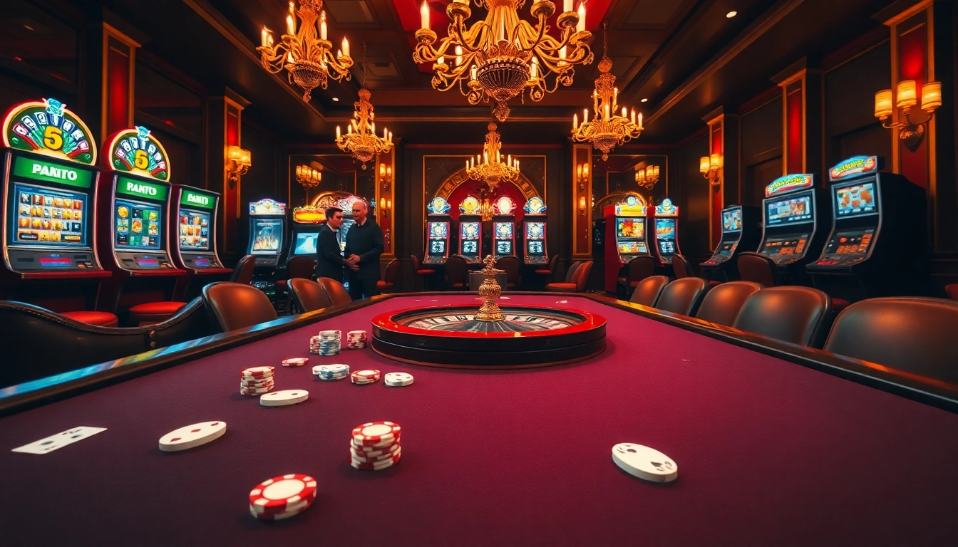 Players enjoying an exciting game at the 68VIP casino with vibrant poker tables and slot machines.