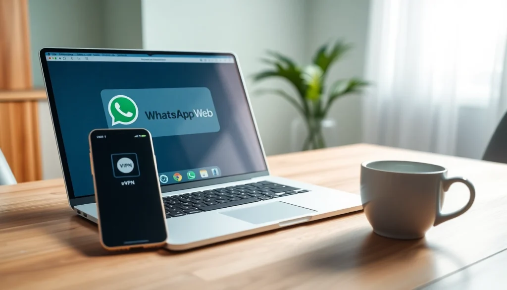 展示现代通信工具的高效工作区，结合 WhatsApp Web 与 快连VPN 应用。