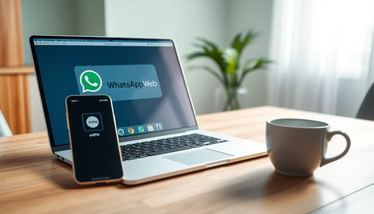 展示现代通信工具的高效工作区，结合 WhatsApp Web 与 快连VPN 应用。