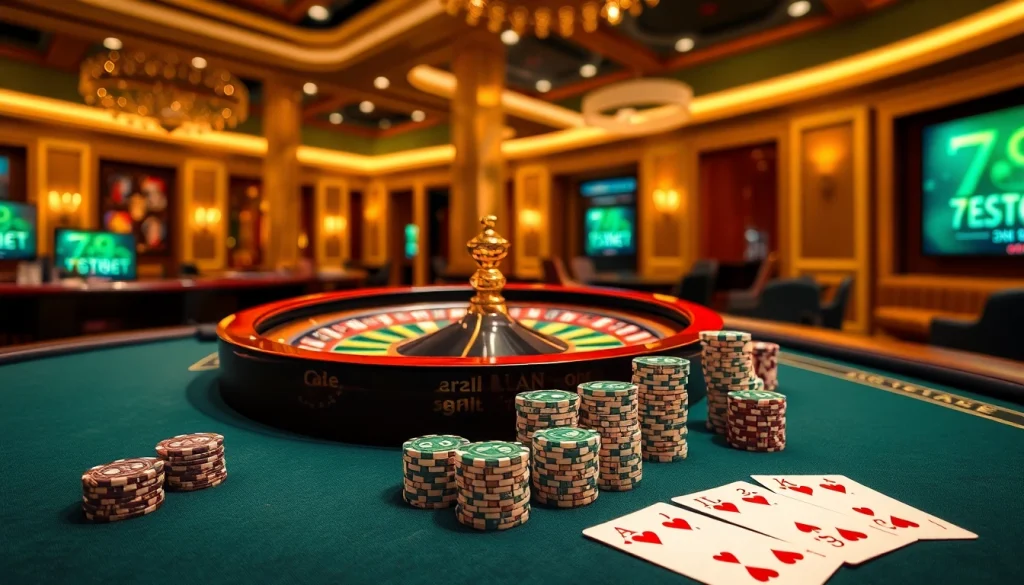 Exciting gameplay at 789BET with roulette, poker chips, and cards in a luxurious online casino setting.