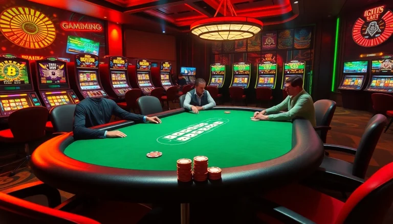 שחקנים סביב שולחן פוקר מהמרים על ההימורים בקזינו יוקרתי, עם מכונות מזל צבעוניות ברקע.