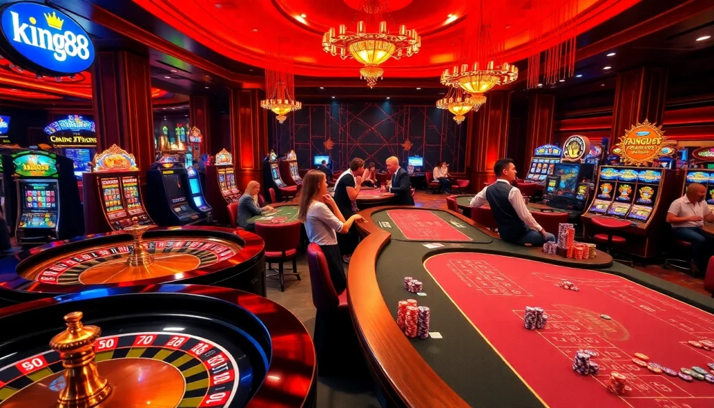 king88 players enjoying a vibrant casino atmosphere with roulette and slot machines