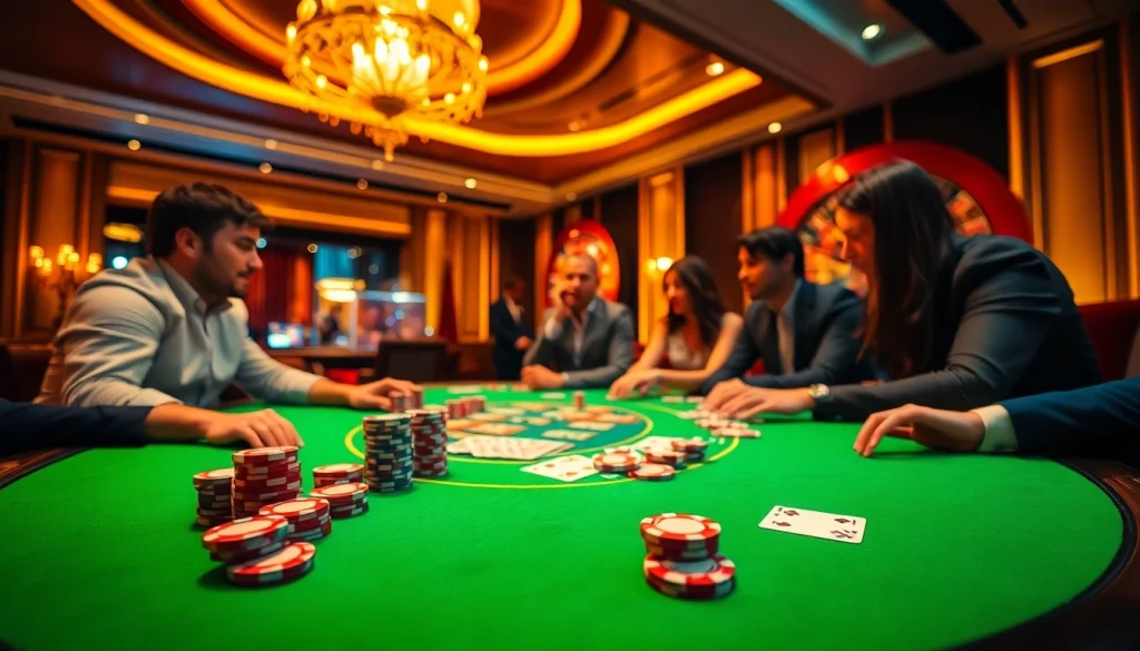 Players engaged in a thrilling poker game at uu88 con casino, surrounded by vibrant chips and cards.