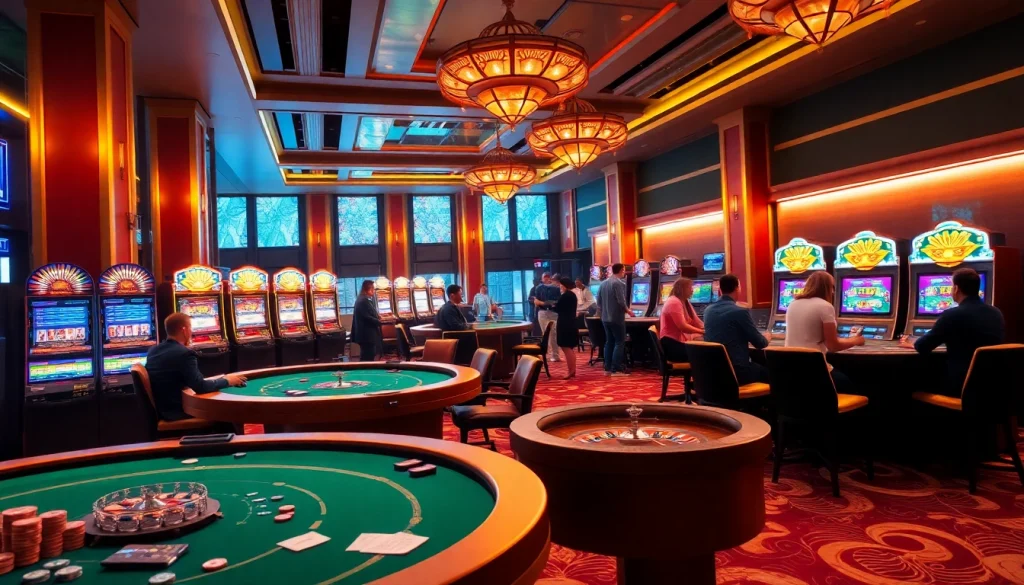 Experience the excitement of TG777 with a vibrant online casino lobby featuring lively gaming tables and slot machines.