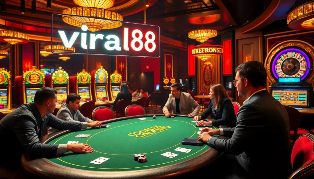 Engaged players at a viral88 casino poker table, showcasing excitement and thrill of high-stakes gaming.