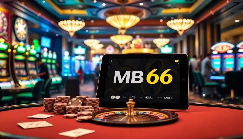 MB66 gamblers enjoying a thrilling casino experience with poker chips and cards.
