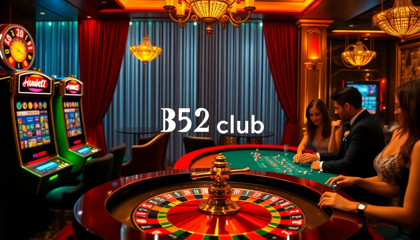 B52club players engaging in high-stakes poker with vibrant chips and roulette under luxurious casino lights.