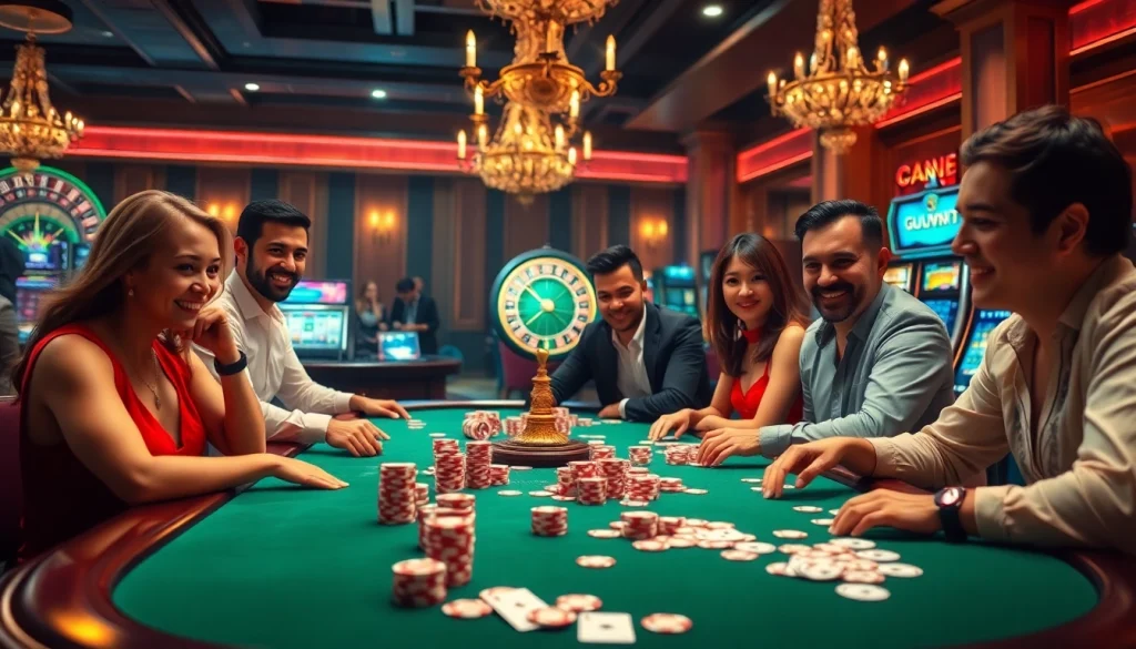 Engaging players enjoying a thrilling game bài at an upscale casino table.