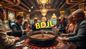 Engaged players celebrating a win at the BDJL casino, surrounded by chips and cards in a vibrant atmosphere.