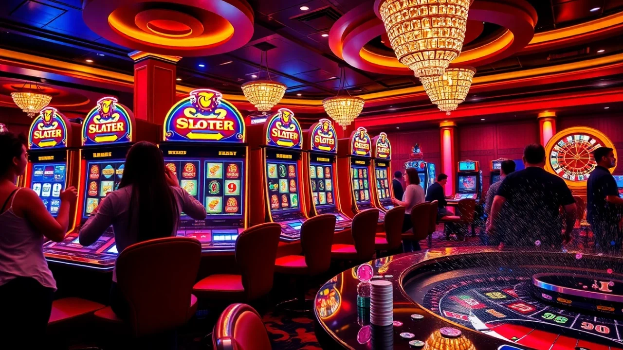 Excited players enjoying the luxurious excitement of slot88 games in a vibrant casino setting.