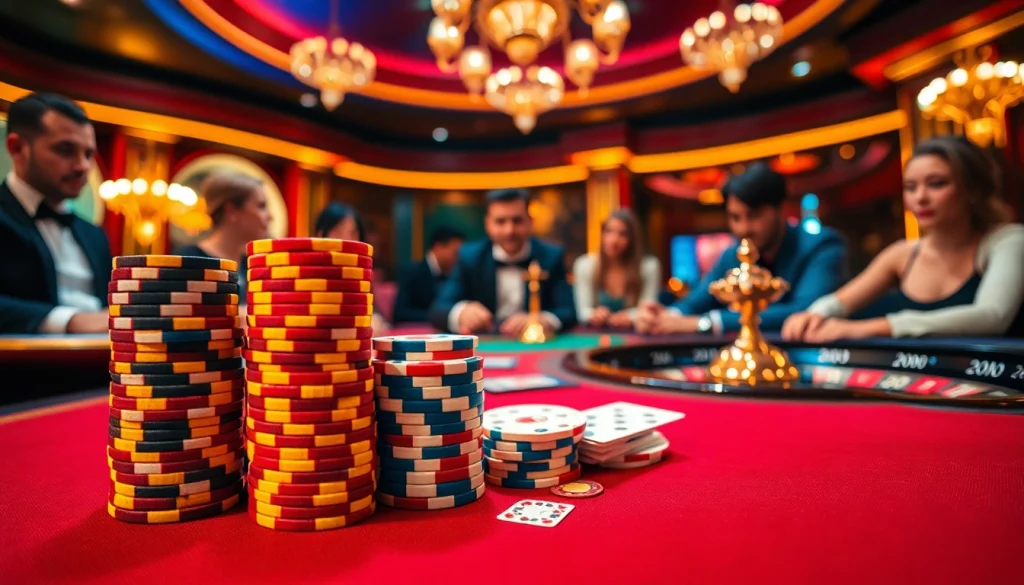 Engaging players enjoy 7xl poker at a luxurious casino table, with vibrant chips and cards.