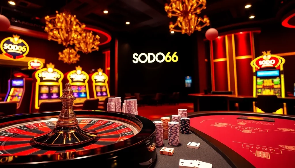 Players enjoying thrilling games at SODO66 Casino with vibrant slot machines and roulette wheels.