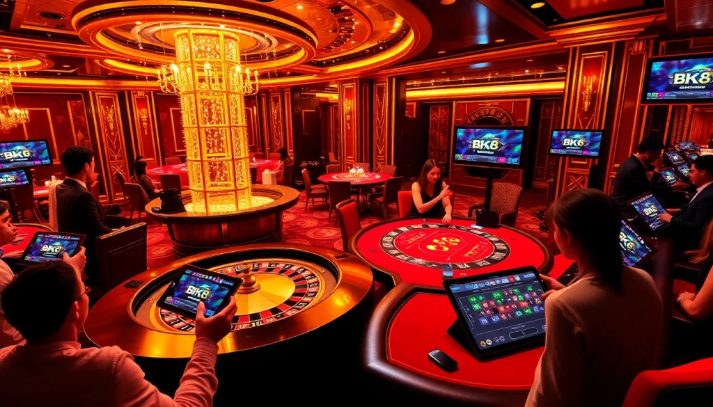 Players enjoy a vibrant casino experience at BK8 with roulette and blackjack tables in an opulent setting.