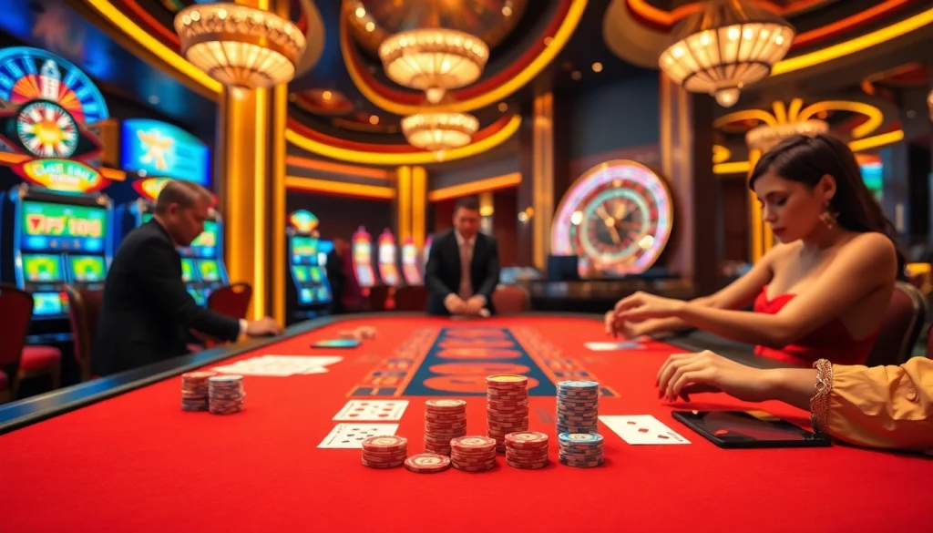 Xóc đĩa game action with vibrant poker chips and classic gambling elements in a luxurious casino setting.