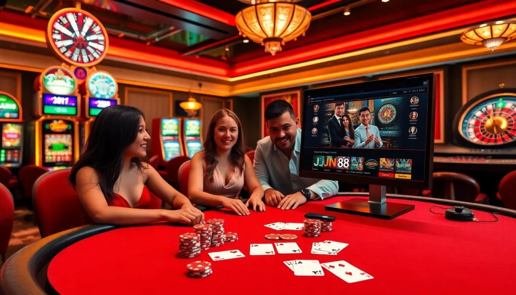 Players enjoying high-stakes poker and casino games at Jun88, showcasing thrilling betting action.