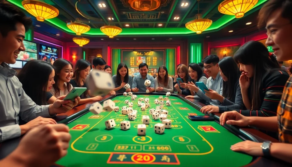 Tài Xỉu MD5 online gaming scene with animated dice and excited players engaging at a virtual table.