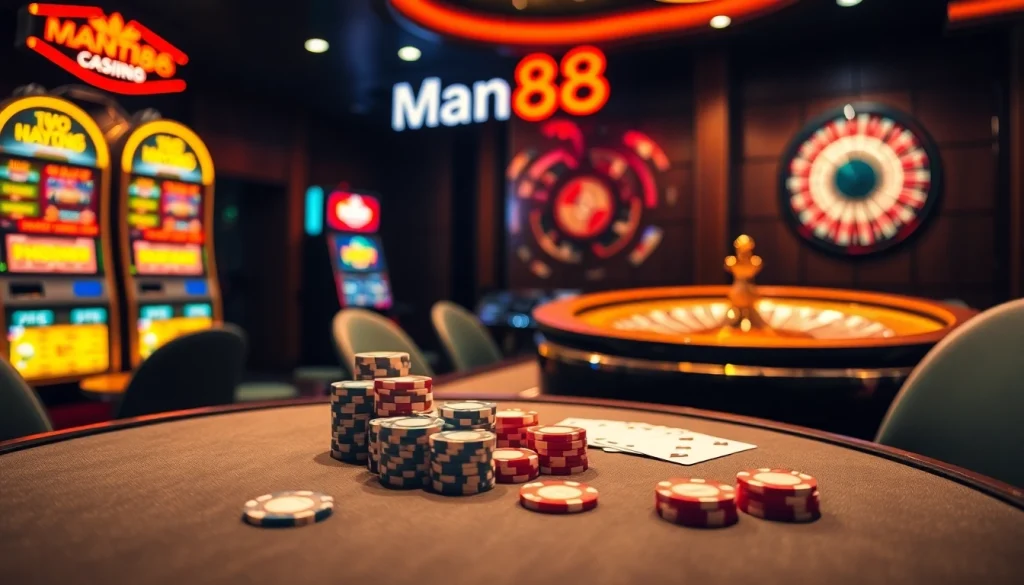 Experience high-stakes gaming at Man88's luxurious casino tables with vibrant slot machines.