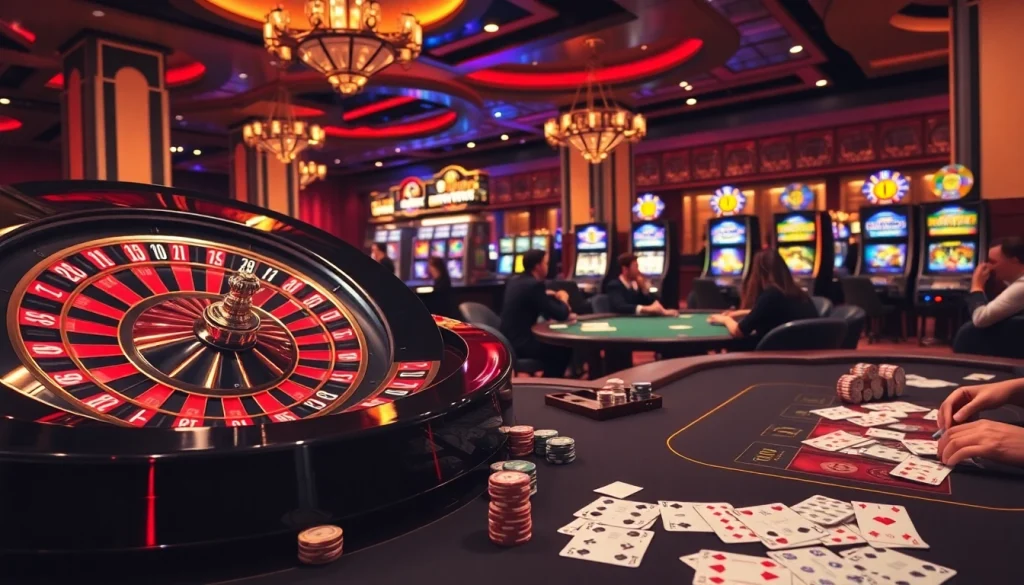 Exciting casino scene featuring vibrant roulette wheel and poker games, highlighting 8s luck.