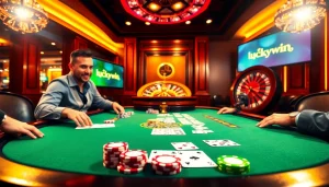 Engage in high-stakes poker at Luckywin's luxurious casino table featuring vibrant chips and winning hands.