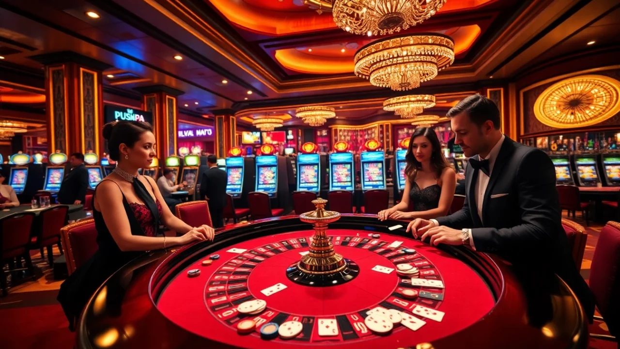 Experience the thrill of gambling at Pushpa Club with luxurious casino elements and vibrant gaming tables.