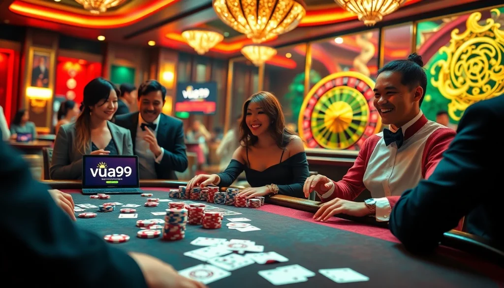 Vua99 enhances excitement at a vibrant casino table with poker chips and card games.