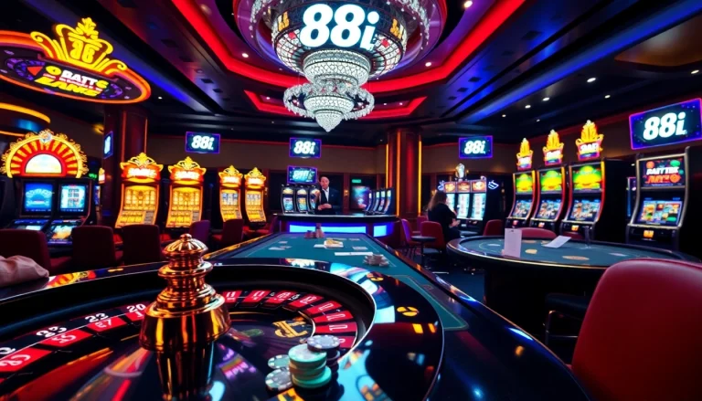 Experience the excitement of 88i with vibrant slot machines and a roulette wheel in action.