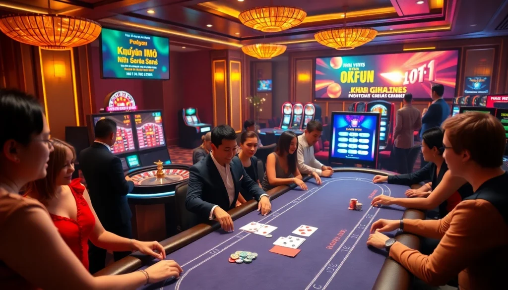 Players enjoying khuyến mãi okfun at a luxurious casino poker table surrounded by vibrant games.