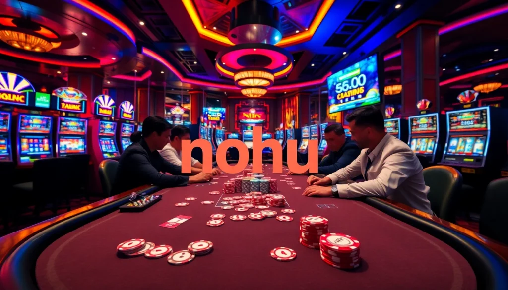 Players enjoying an exciting poker game at a luxurious casino, with nohu gaming elements included.