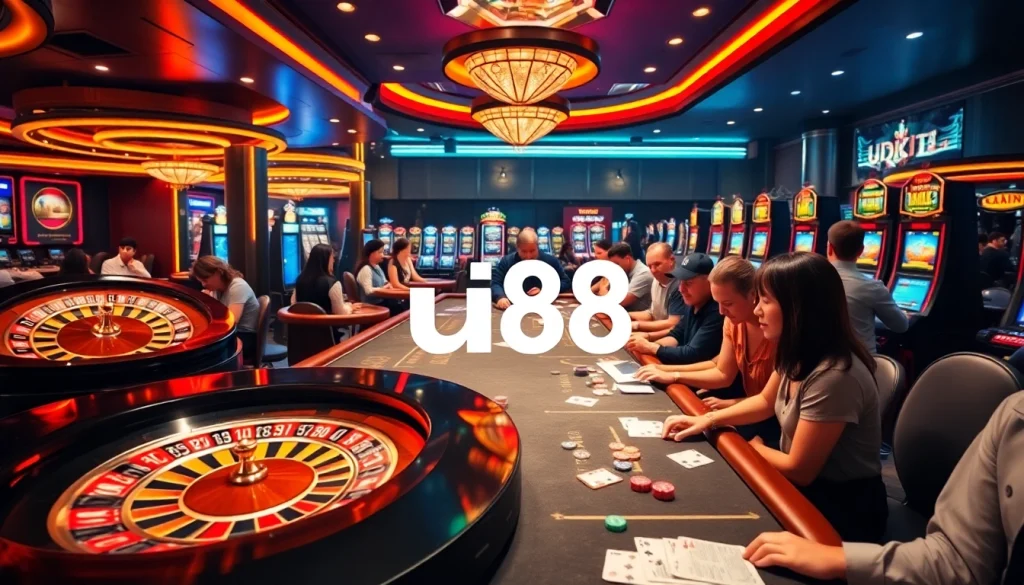 Gamblers enjoying a luxurious casino experience featuring uu88, complete with roulette and poker elements.